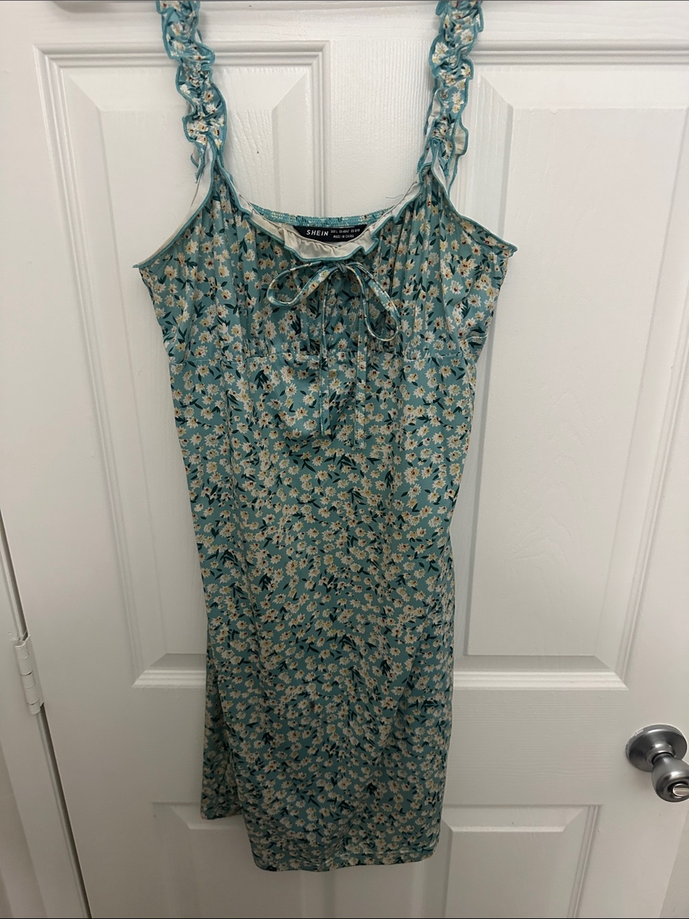 SHEIN Teal Floral Tie-Front Midi Dress